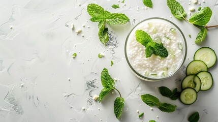 Ayran drink with cucumber and mint against a white backdrop. Generative Ai