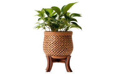 A potted plant is placed on top of a wooden stand, creating a simple and decorative display. The plant seems to thrive in its environment, bringing a touch of nature indoors.