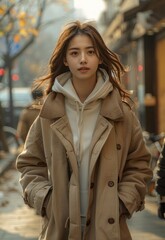 Fototapeta premium An Asian woman wears a sports coat while running on the streets of Beijing, fulllength shot