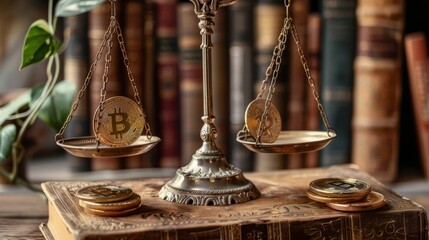 Balance Scales Digital Currencies and Law Books Traditional balance scales holding digital currencies on one side and law books on the other, representing the balance between innovation and regulation - obrazy, fototapety, plakaty