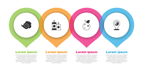 Set Magic fog or smoke, Firework, Peach fruit nectarine and Yin Yang symbol. Business infographic template. Vector