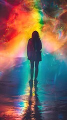 A silhouette of a person stands with their back to the viewer, amidst vibrant and colorful light reflections on a wet surface, likely a street or a floor. The multitude of colors appear diffused and p - obrazy, fototapety, plakaty