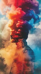 The image features a side profile of a person whose head and upper body seamlessly transition into a vibrant and tumultuous cloud of smoke and colors. The smoke appears in hues of red, orange, blue, a