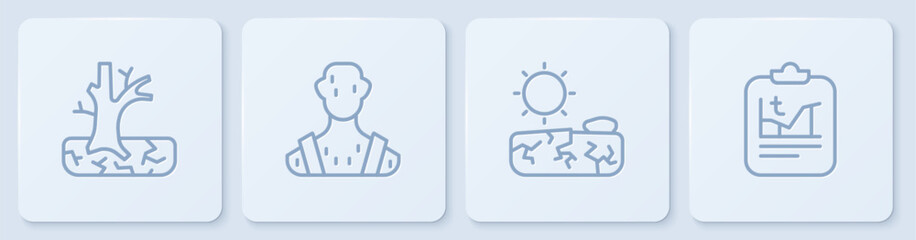 Set line Withered tree, Drought, High human body temperature and Global warming. White square button. Vector