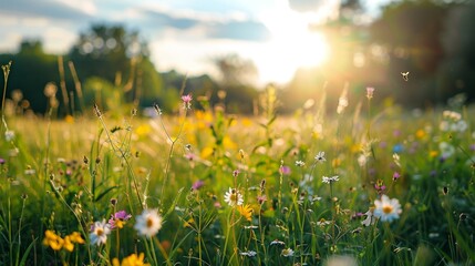 Sunny landscape with wild flowers in spring, a picturesque countryside scene bathed in sunlight, wildflowers in full bloom dotting the lush green fields