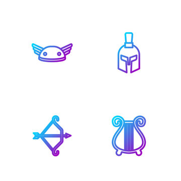 Set line Ancient lyre, Medieval bow with arrow, Helmet wings and Greek helmet. Gradient color icons. Vector
