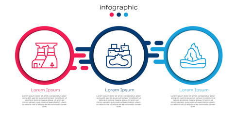 Set line Nuclear power plant, Wrecked oil tanker ship and Iceberg. Business infographic template. Vector