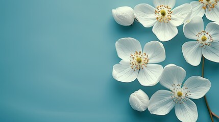 Fototapeta na wymiar Delicate white flowers gracefully floating on the calm surface of a serene blue water background