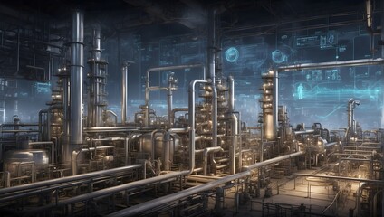 A sprawling refinery scene, tanks and pipelines underlaid with a holographic data HUD, presenting oil and gas demand charts as a testament to market-driven operations Generative AI