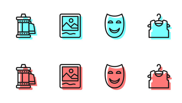 Set line Comedy theatrical mask, Camera roll cartridge, Photo frame and Sleeveless T-shirt icon. Vector
