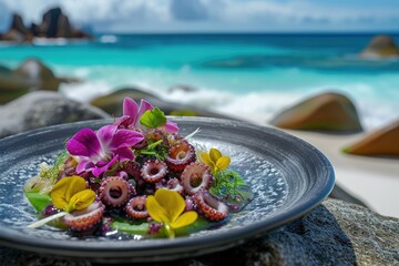 Savoring the Tropics: A Culinary Journey Begins as a Talented Chef Displays a Delectable Octopus Salad amidst the Tranquil Beauty of Seychelles Beach.