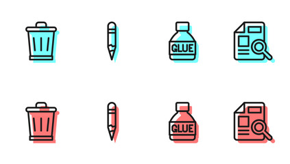 Set line Glue, Trash can, Pencil and Document with graph chart icon. Vector