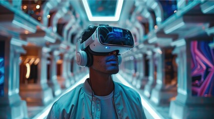 A man wearing VR headset, in a game zone. Generative AI.