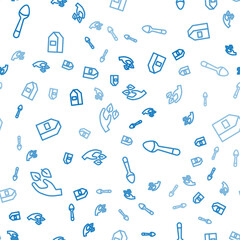 Set line Tea leaf in hand, Teaspoon and Paper package for milk on seamless pattern. Vector