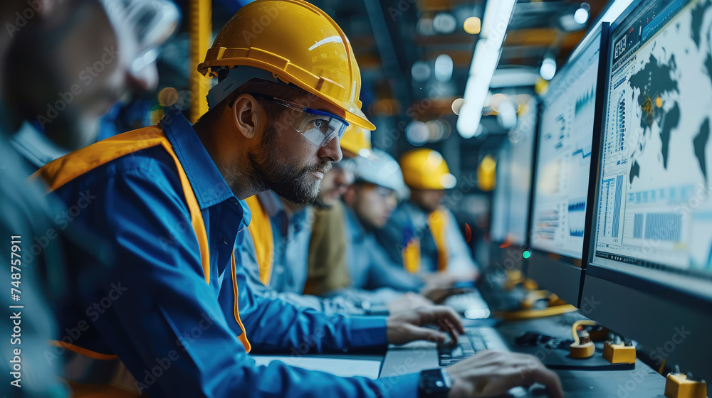 Aufkleber Engineers wearing hard hats working with their customers while looking at graphs and charts. Generative AI.