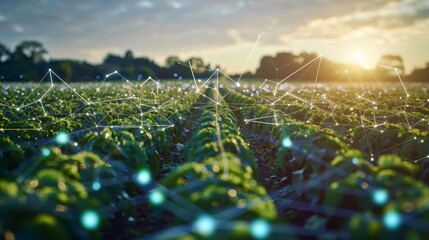 Blockchain in Agriculture: A farm using blockchain for supply chain tracking, with data points floating above crops.