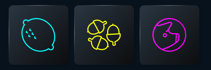 Set line Lemon, Pig and Acorn. Black square button. Vector