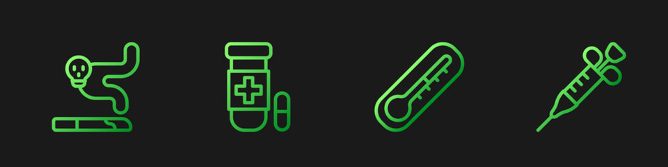 Set line Thermometer, Cigarette, Antidote and Syringe. Gradient color icons. Vector - obrazy, fototapety, plakaty
