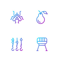 Set line Barbecue grill, Grilled shish kebab on skewer, Mosquito and Pear. Gradient color icons. Vector