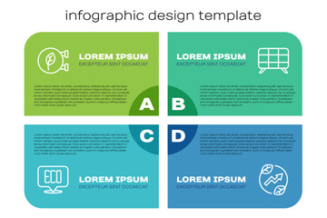 Set line Leaf Eco symbol, shop, Electric saving plug in leaf and Solar energy panel. Business infographic template. Vector