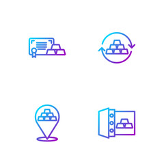 Set line Safe with gold bars, Gold, certificate and exchange money. Gradient color icons. Vector