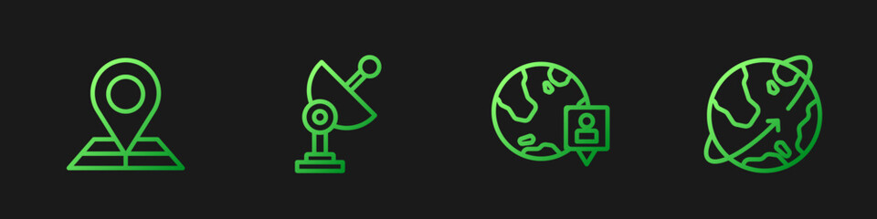 Set line Location on the globe, Folded map with location marker, Radar and Satellites orbiting Earth. Gradient color icons. Vector