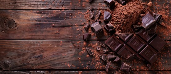 Top view broken dark chocolate around cocoa powder on wooden background. Generated AI image