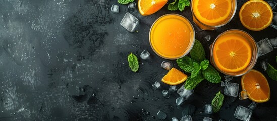Top view fresh orange juice with mint leaves and ice cubes on dark background. Generated AI image - obrazy, fototapety, plakaty