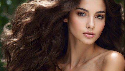 Captivating beauty with lustrous, smooth brown hair and pristine skin, a model sets the standard for hair and skincare product effectiveness Generative AI - obrazy, fototapety, plakaty