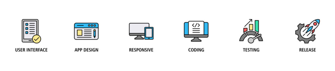Obraz premium App development banner web icon set vector illustration concept with icon of user interface, app design, responsive, coding, testing and release