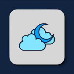 Filled outline Cloud with moon icon isolated on blue background. Cloudy night sign. Sleep dreams symbol. Night or bed time sign. Vector