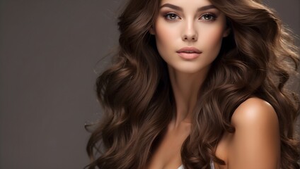 Fototapeta premium Captivating beauty with lustrous, smooth brown hair and pristine skin, a model sets the standard for hair and skincare product effectiveness Generative AI