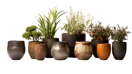 Array of Metallic Garden Pots with Hammered Texture on transparent background