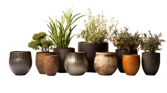 Array of Metallic Garden Pots with Hammered Texture on transparent background