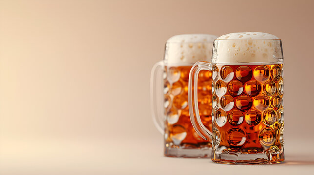 two funny beer mugs next to each other on an empty light background with space for text, generative ai