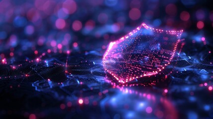 Blockchain Shield: A glowing, holographic shield made of interconnected blockchain nodes, protecting digital assets from cyber threats.
