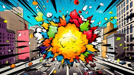 Comic Streets Boom Explosion Cloud 3D. Pop Art Explosion on a city street - obrazy, fototapety, plakaty