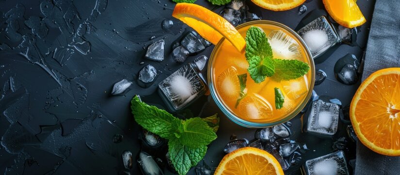 Top view fresh orange juice with mint leaves and ice cubes on dark background. Generated AI image