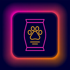 Glowing neon line Bag of food for dog icon isolated on black background. Dog or cat paw print. Food for animals. Pet food package. Colorful outline concept. Vector