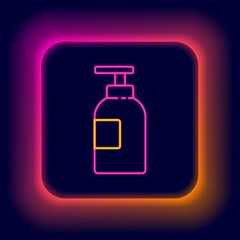 Glowing neon line Hand sanitizer bottle icon isolated on black background. Disinfection concept. Washing gel. Alcohol bottle for hygiene. Colorful outline concept. Vector