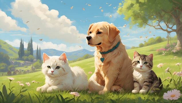 Illustrated by Chiew, a heartwarming tableau of a dog and cat companionship, basking together on a green meadow in the spring sunlight Generative AI
