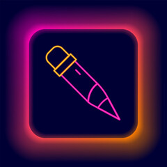 Glowing neon line Pencil with eraser icon isolated on black background. Drawing and educational tools. School office symbol. Colorful outline concept. Vector