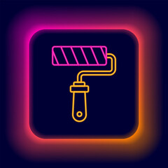 Glowing neon line Paint roller brush icon isolated on black background. Colorful outline concept. Vector