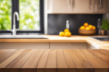 Fototapeta na wymiar Empty Wooden Table with Kitchen Blurred Background