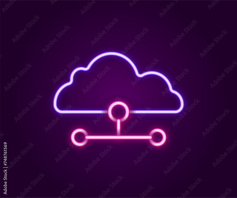 Sticker Glowing neon line Network cloud connection icon isolated on black background. Social technology. Cloud computing concept. Colorful outline concept. Vector