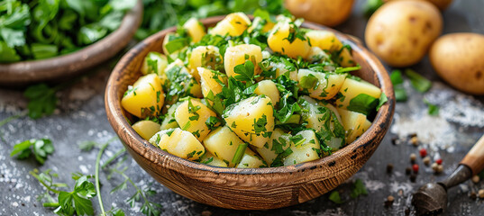 boiled potatoes and greens in a bowl on the table