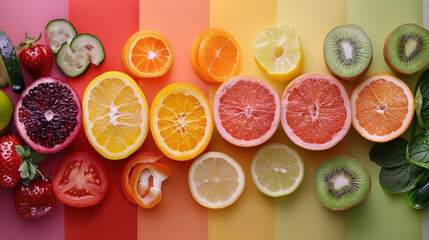 Above view with various colorful fruits on a different pastel color stripe background, Generative AI