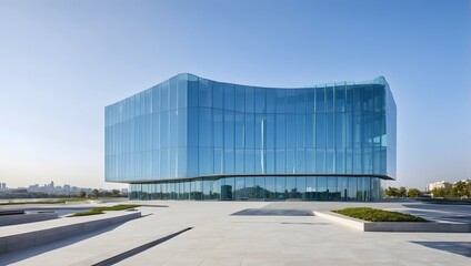 Fototapeta na wymiar Modern architecture meets economic ambition a glass-fronted office building reaches into the blue expanse, a tribute to business innovation Generative AI