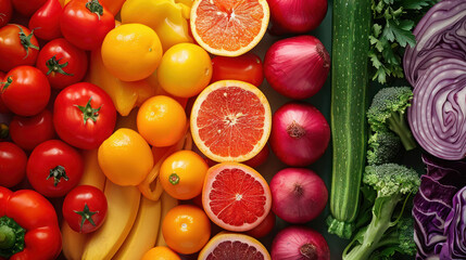 Naklejka na ściany i meble Composite of fruits and vegetables's color background, Top view, Generated by AI