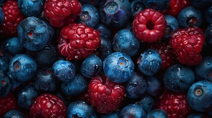 Close-up view of fresh ripe mixed raspberries and blueberries as the background, Generative AI - obrazy, fototapety, plakaty